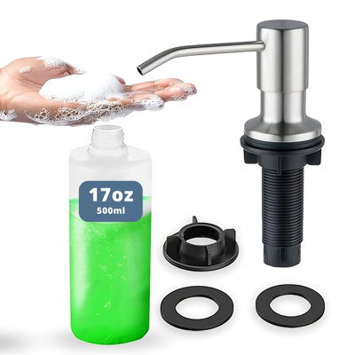  Built in Kitchen Soap Dispenser Set (Large 17oz Refillable Bottle Included) - Stainless Steel Soap Dispenser, Brushed Nickel for Corrosion-Resistant -ABS Pump Head, 360° Rotation