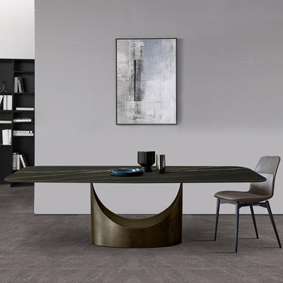 Hobart Modern Dining Table with Rectangular Sintered Stone Tabletop, Carbon Steel Leg