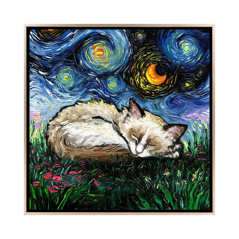 Sleepy Ragdoll Kitten Night, H 26 po x l 26 po x P 1,5 po, Pas de tapis, Toile encadrée champagne