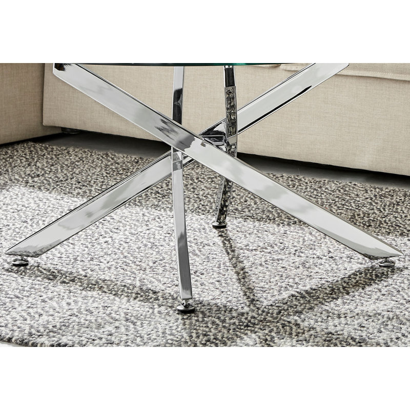 Cesarino Marble Effect Round Coffee Table - Glass Topped Metal Leg Centre Table, White, Silver