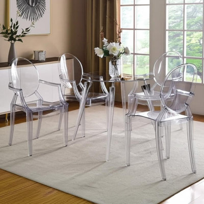 Ensemble de quatre fauteuils de salle à manger robustes en plastique transparent à dossier très grand Louis
