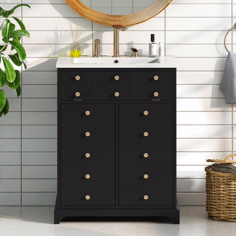 Meuble-lavabo de 24 po avec tiroir et deux portes à fermeture en douceur, armoire de rangement peinte moderne avec lavabo en céramique, meuble-lavabo simple élégant