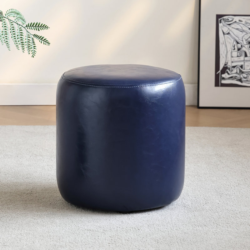 11.8In Small Round Faux Leather Upholstered Ottoman, Blue