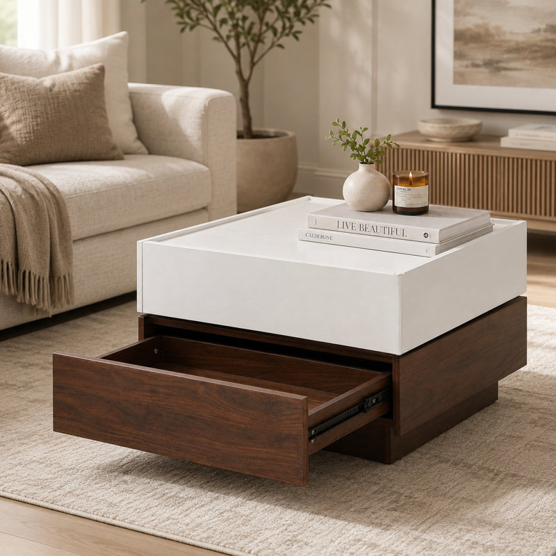 Table basse rotative carrée deux tons noyer blanc avec tiroirs doubles et rangement caché - Table tournante multifonctionnelle pour le salon