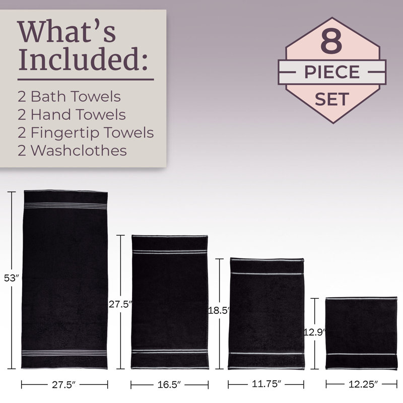 8PC Towel Set - 575GSM 100% Cotton Bathroom Essentials with 2 Bath Towels, 2 Hand Towels, 2 Washcloths, and 2 Fingertip cloths- Absorbent Sheets for Bath, Gym, Dorm and Spa by Lavish Home 