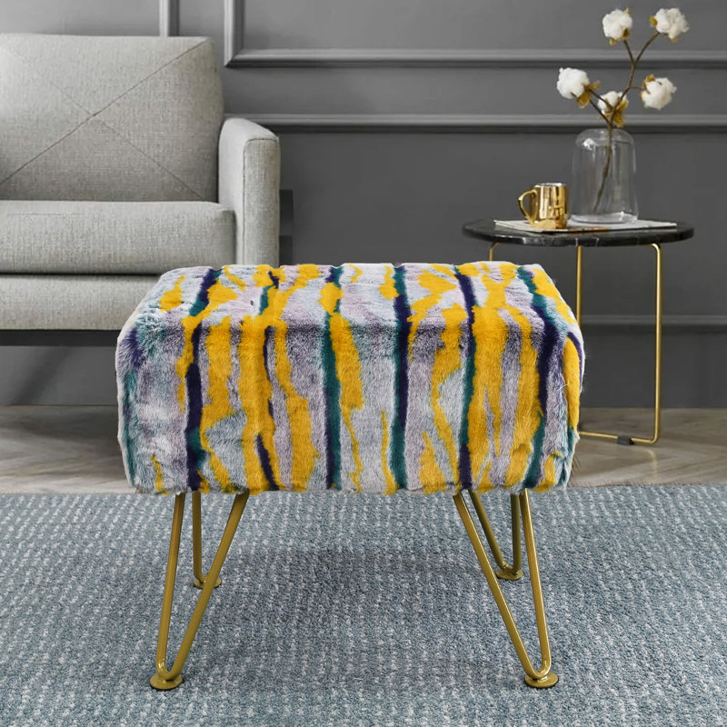 Cular 19'' Wide Tufted Rectangle Standard Ottoman, Teal Faux Fur