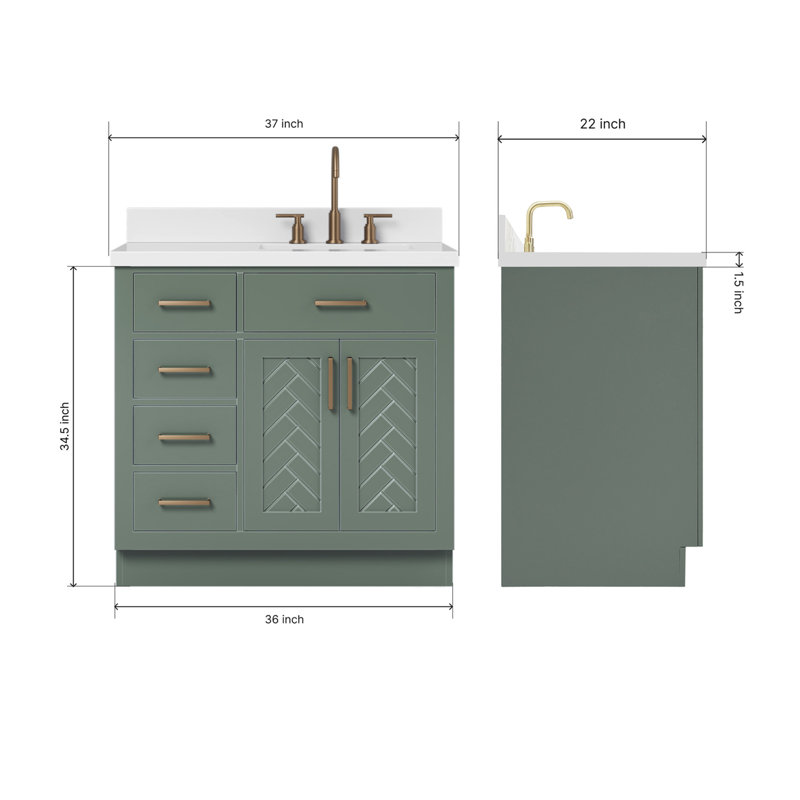 Ensemble de meuble-lavabo rectangulaire rectangulaire droit 37 po avec comptoir en quartz blanc pur Chevron, Rectangulaire