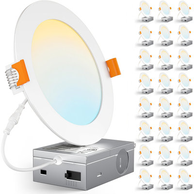 Paquet de 24, plafonnier encastré à DEL blanc mince de 5 pouces 5CCT avec boîte de jonction, 12 W, 1050LM, IRC élevé RA80, 2700K à 5000K, intensité variable de 5% à 100%, homologué ETL IC, pour le salon, la cuisine, la salle de bain et le bureau