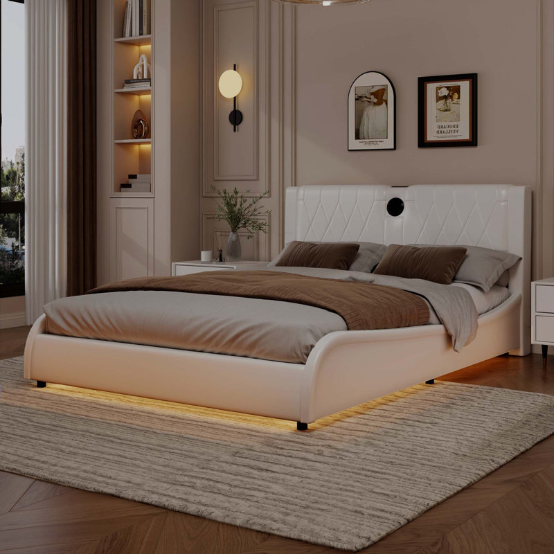 Lit plateforme tapissier en similicuir avec haut-parleurs Bluetooth et lumière DEL RVB, Complète
