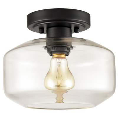 Industrial Black Semi Flush Ceiling Light Glass Drum Shade