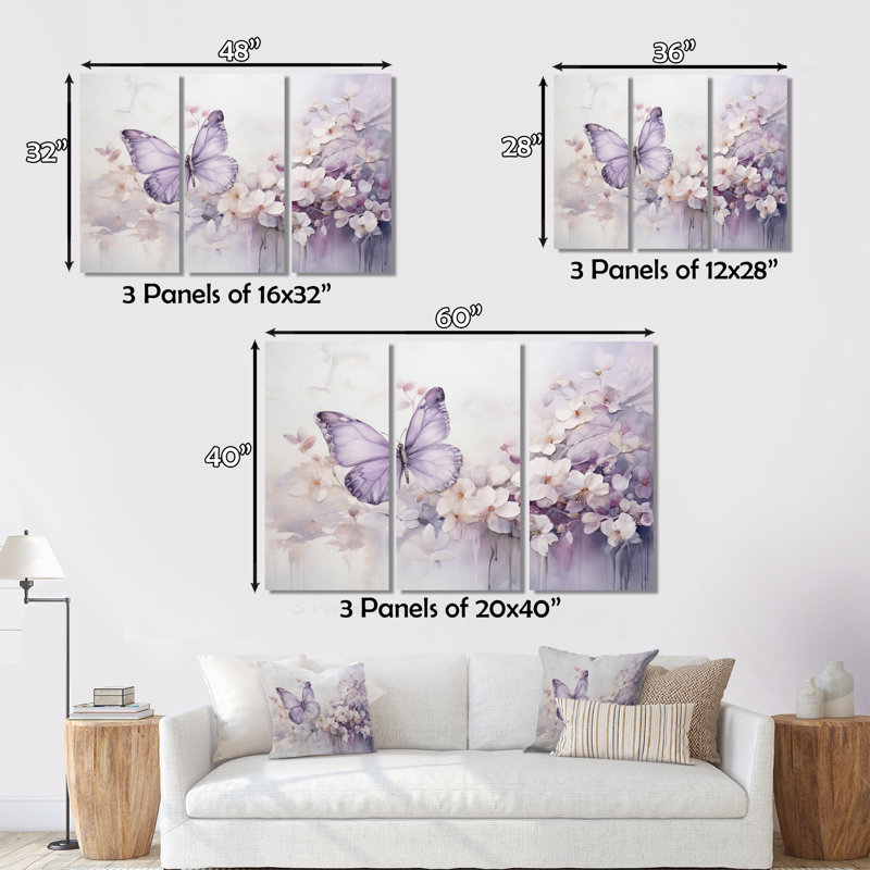 Papillon mauve Enchanted Flight II 3 pièces, H 40 po x l 60 po x P 1 po