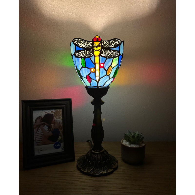 Simonetti Tiffany Torch Mini Table Lamp Dragonfly Blue Stained Glass LED Bulb Included 6"W*6"D*15"H, Sky Blue