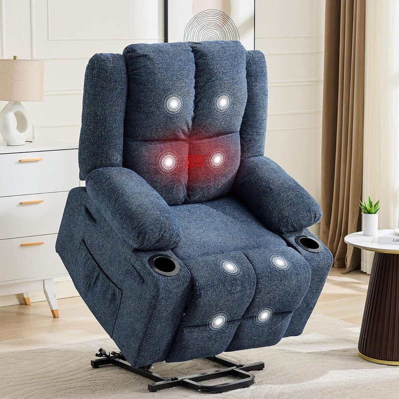 Oversized Power Lift Recliner Chair with Massage & Heat, 135° Adjustable Electric Chair for Elderly, Blue Linen Blend