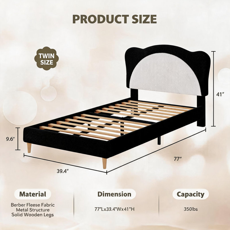 Twin Upholstered Bed Frame for Kids, Black+White