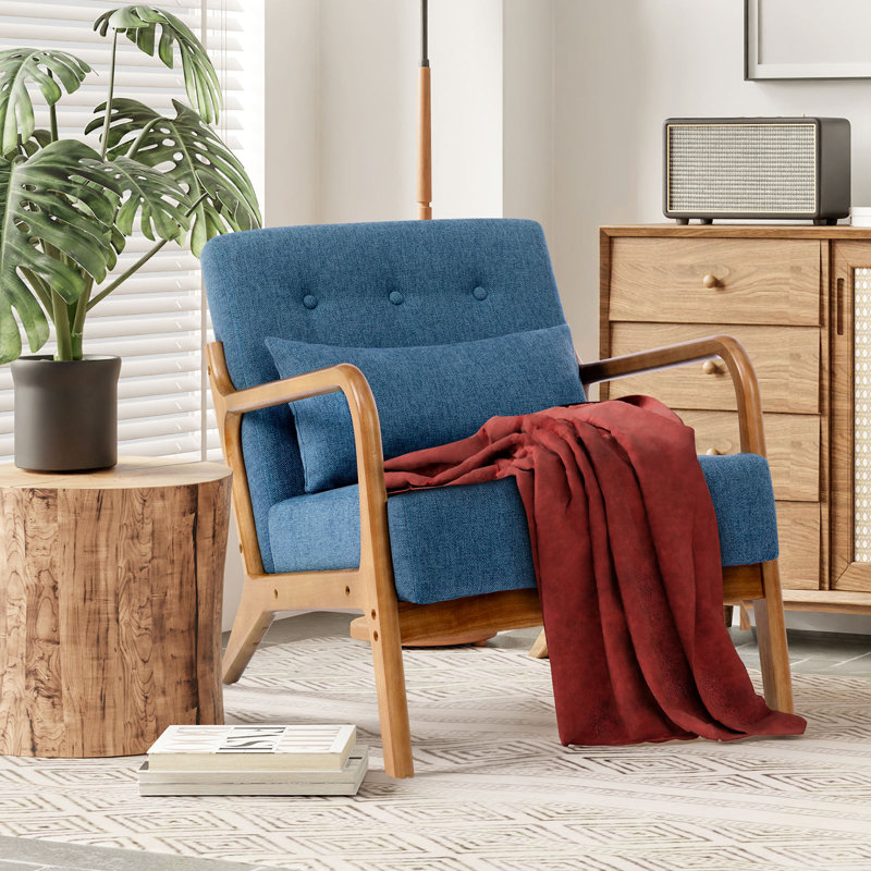 Walthill 63 cm Modern Scandinavian Solid Wood Armchair, Blue, Linen Blend