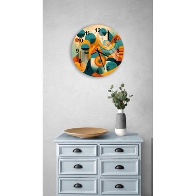 Mid-Century Modern Geometric Abstract in Teal & Orange Tempered Glass Non-Ticking Wall Clock