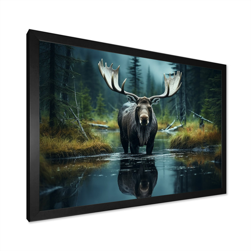 «Green Moose Forest Dusk», art mural orignal, Cadre simple noir, H 24 po x l 32 po x P 1 po