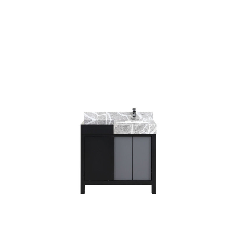 Ensemble de meuble-lavabo noir et gris l 36 po x P 22 po, comptoir en marbre gris château et robinet chromé