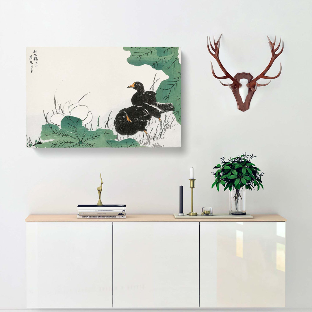 Coot Bird & Lotus Flower by Numata Kashu - Wrapped Canvas