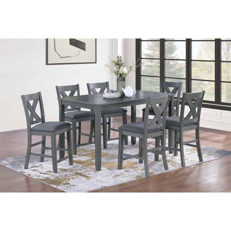 Table de salle à manger grise de style moderne 6X chaises 7Pcs ensemble de hauteur de comptoir Coussin siège clouté X-Cross dossier Mobilier de salle à manger