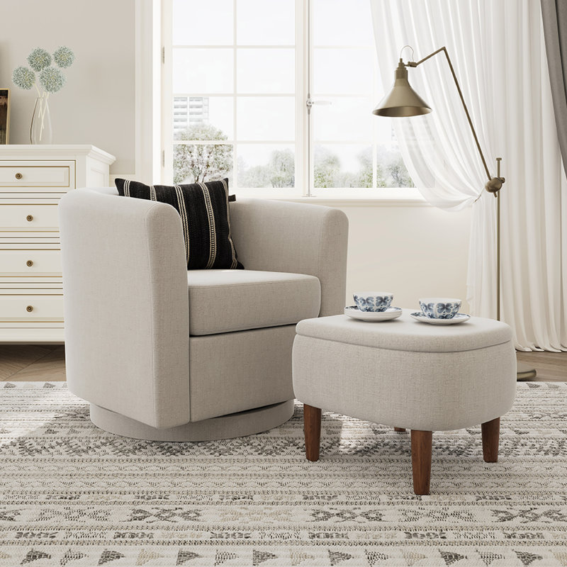 Upholstered Swivel Barrel Chair with Storage Ottoman, 24.5″ Wide Small Accent Chair, 360° Rotation, Beige