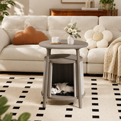 2 Tiers Round End Table With Cat House(Light Brown/Gray)