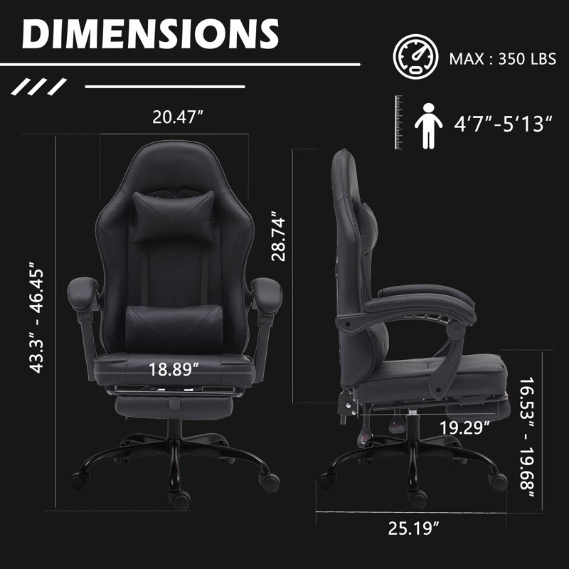 Reclining Ergonomic Faux Leather Swiveling PC & Racing Game Chair with Footrest, 46.46" H x 18.89" W x 19.92" D, Black