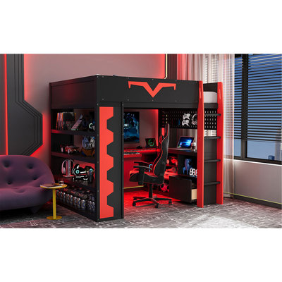 Full Size Gaming Loft Bed With Integrated Desk & RGB LED Lights, Pro-Gamer Bed With Power Outlet, Large Bookshelf, Pegboard, Keyboard Tray & Storage Drawer, 3 Colors Available, Red