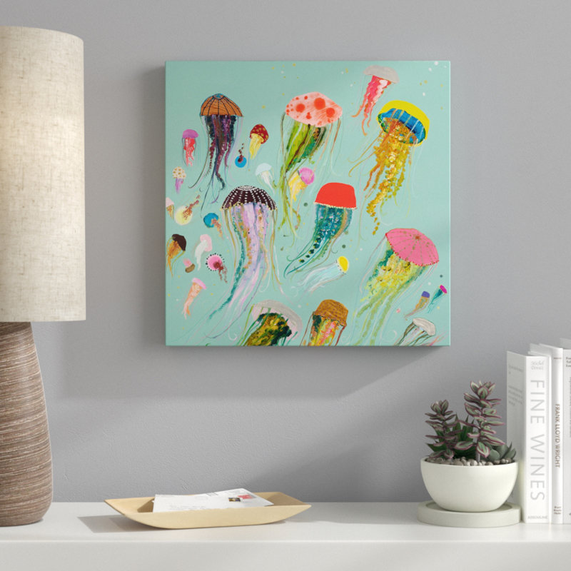 «Floating Jellyfish Aqua», reproduction d'art sur toile tendue, H 16 po x l 16 po
