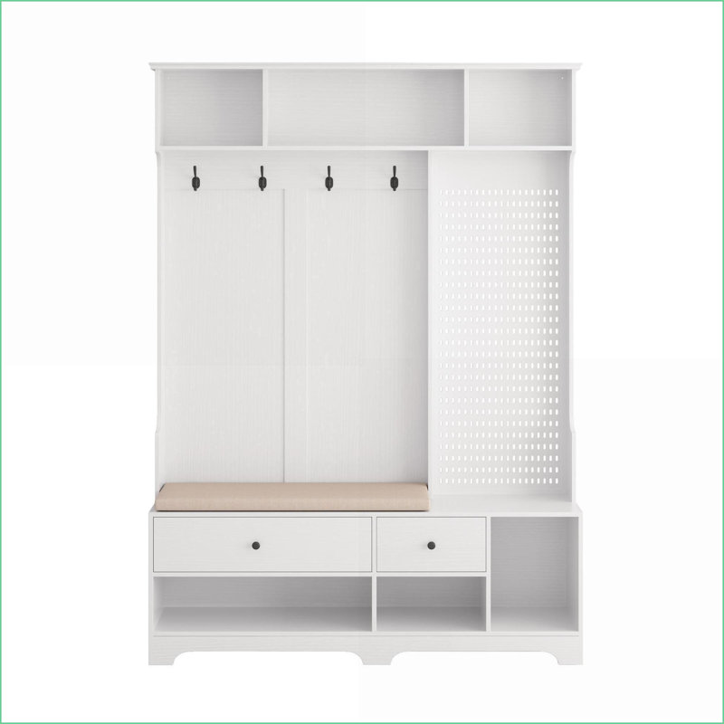 Arbre d'entrée avec portemanteau, banc de rangement et amp; Panneau perforé bricolage | Blanc | Panneau de fibres à densité moyenne + fer