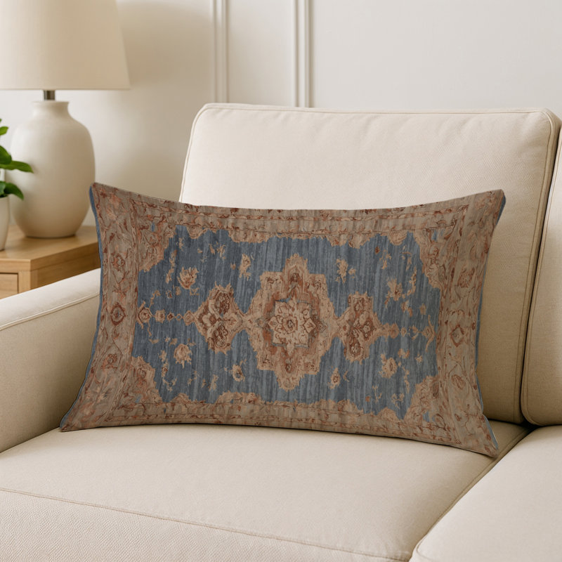 Coussin décoratif intérieur et extérieur Modern, Denim bleu / brun clair / beige damassé 3, Rectangle H 25 po x l 18 po