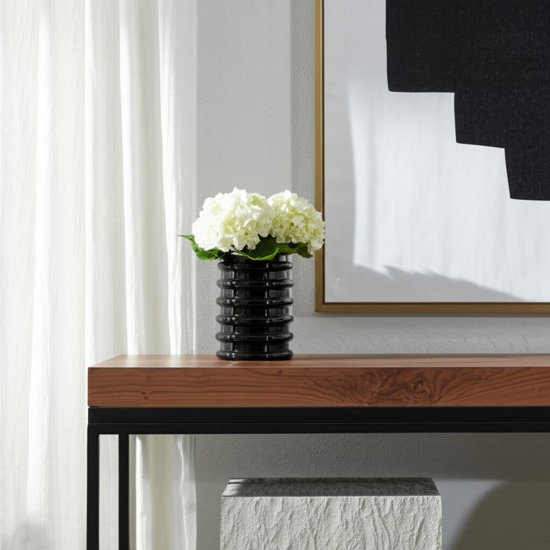 Glass Vase Ribbed Cylindrical Glass with Modern Grooved Design and Contemporary Silhouette for Decorative Display., Black
