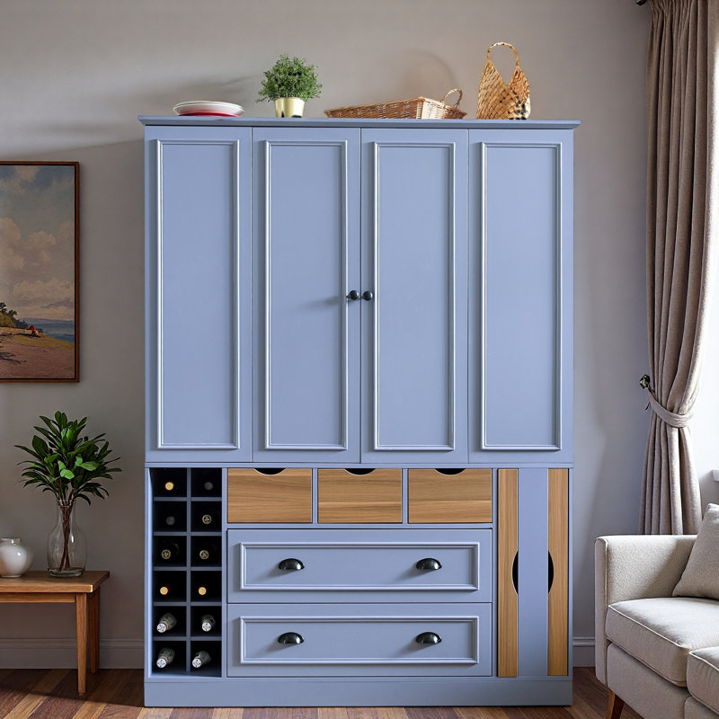 Grand garde-manger de ferme avec 4 portes pliables, prise de courant, tablettes, supports à vin et plateaux de service, Bleu