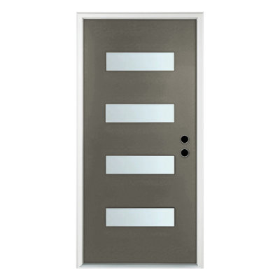 36 In. X 80 In. Gray Fiberglass Front Door With Frosted Glass And Brickmould Design
