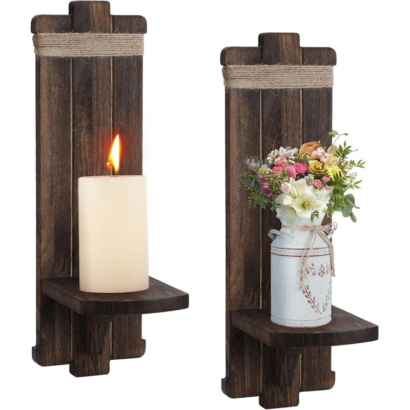 2 Piece Wood Wall Wall Sconce Set, Brown