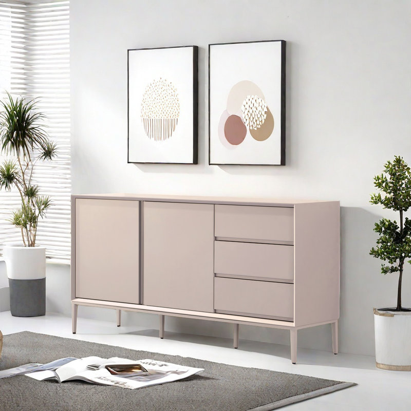 Buffet moderne avec 2 portes et 3 tiroirs, Gris clair, H 31,5 po x l 59,06 po x P 15,75 po