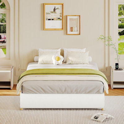King Cloud Bed Frame, Corduroy Upholstered Low Platform, Wood Legs, White