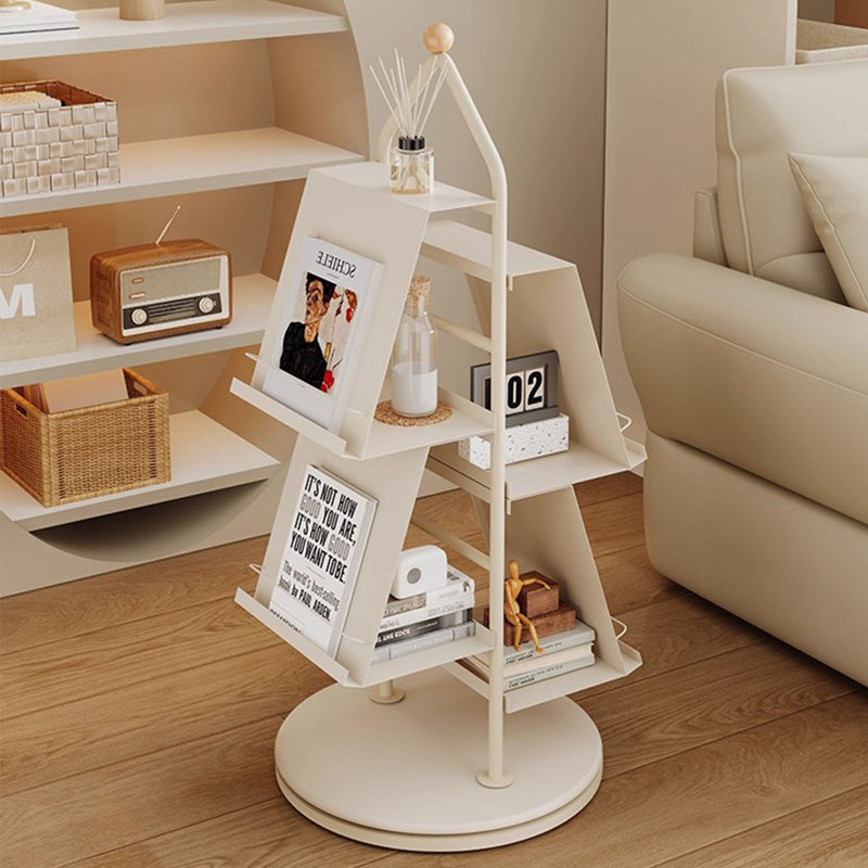 Cream White Modern Iron Rotating Bookshelf, Cream White