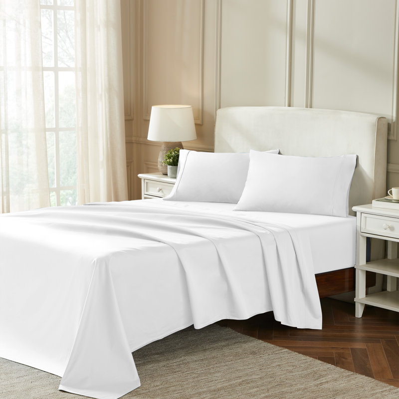 Ensemble de draps en coton à densité de tissage 850 fils, Blanc, Ensemble de draps pour grand lit avec trois articl