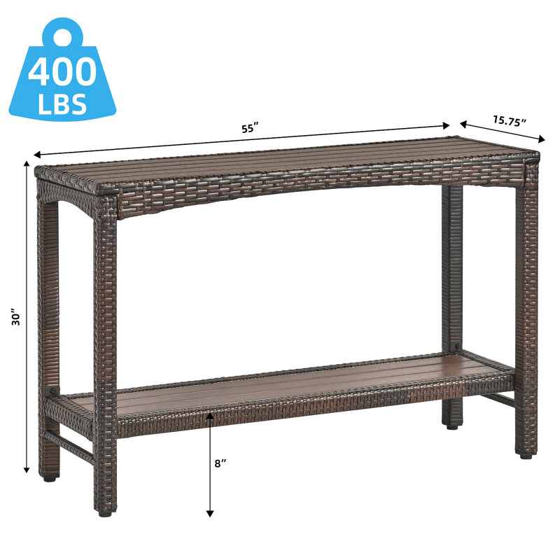 Outdoor Console Table Patio Buffet Bar Storage Organizer 55" Long Wicker Sofa Serving Sideboard Table 2-Shelf Outdoor Narrow Bar Table Tall Rectangle With Adjustable Feet For Entryway Brown