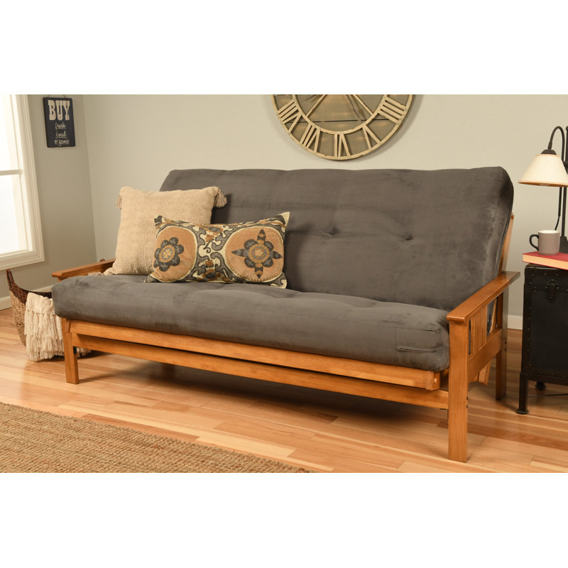 Johnte Full-Size Futon Frame and Full-Size Innerspring Mattress, Butternut, Suede Gray, Premium Pocket Coil