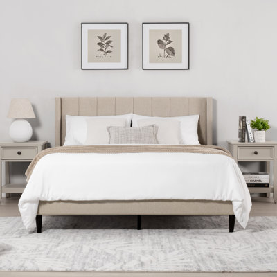 Modern Wingback Bed with Vertical Channel Tufting, Soft Corduroy Upholstery, Solid Wood Platform Frame