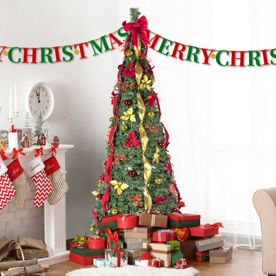 Arbre de Noël escamotable 6 pi avec 150 lumières UL chaleureuses pré-décorées avec des ornements, des fleurs, des rubans et des arcs - Assemblage facile, arbre de Noël pliable et peu encombrant