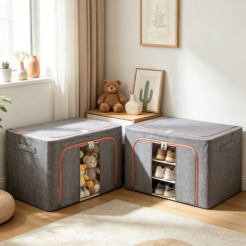 Storage Bins with Metal Frame, 2 Pack Stackable & Foldable Clothes Organizer Bags, Heavy Duty Oxford Fabric Storage Containers with Large Clear Window, Zippered Access & Carry Handles for Bedroom Closet, Bedding, Linen