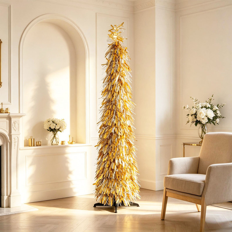 Sapin de Noël pliable et lumineux de 1,5 m, en forme de crayon, avec 50 lumières DEL blanc chaud et base pliable, disponible en 2 couleurs.