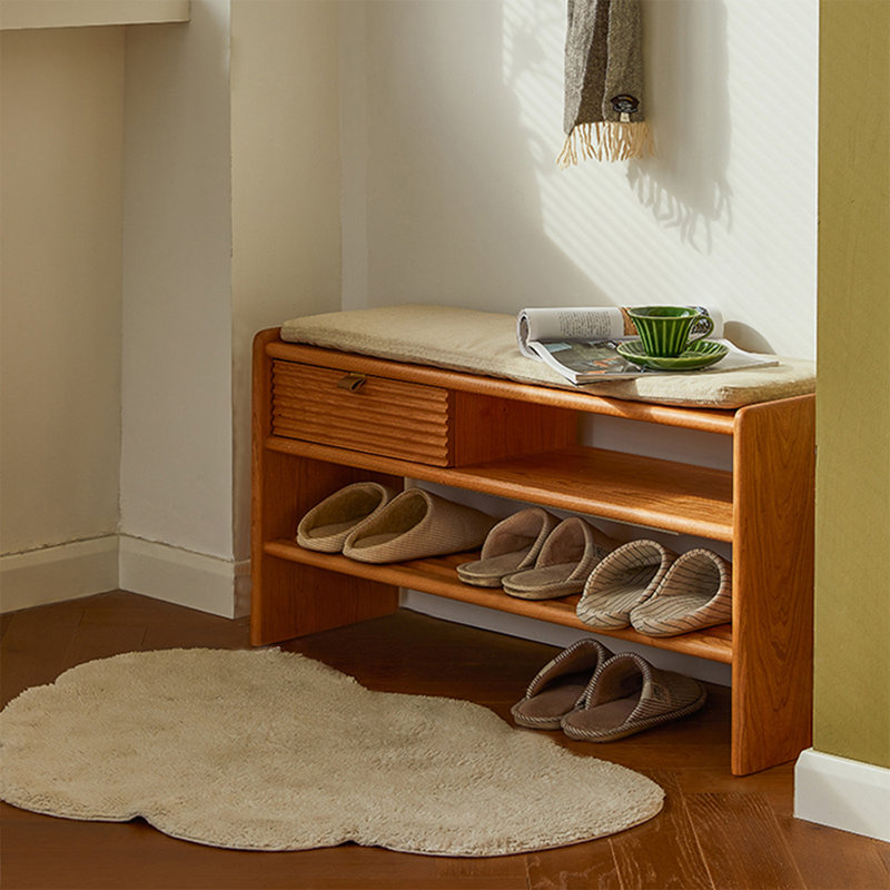 Banc rembourré 100% polyester couleur bois de cerisier blanc crème