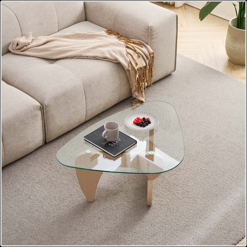 Table basse Mid-Century moderne en verre avec base en bois, 15.74" H x 35.82" W x 25.59" D, Transparent / Natural