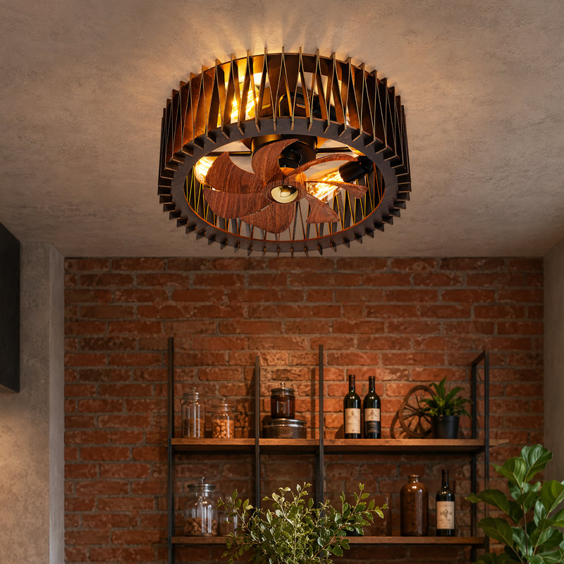 Ventilateur de plafond encastré de 20 po avec lumière, ventilateurs de plafond en bois en cage avec télécommande, Moto DC silencieuse à 6 vitesses pour la chambre à coucher