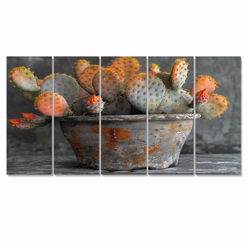 Orange orange vert, photo monochrome de cactus dans un vase II - ensemble d'art sur toile floral cactus, H 32 po x l 80 po
