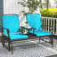 Banc coulissant bleu avec table centrale pour patio. Cadre métallique dans la cour, jardin, porche. Tissu respirant, 528 lb Capacité de poids total, cour arrière coulissante double - Divertissement de patio, porche